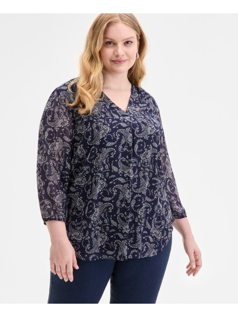 Jones New York Plus Size 1X Kelly Paisley-Print Top V-Neck Dark Blue Navy $80